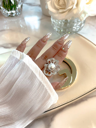 Flower Pearl Statement Rhinestones Adjustable Ring.