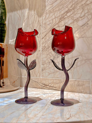 Rose for Rose Glass Cup Set of 2 on marble veined countertop.