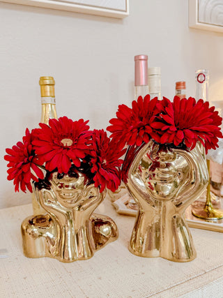 ”Her” & Angelica Ceramic Vase Set of 2 - Gold, decorated with lush red flowers.
