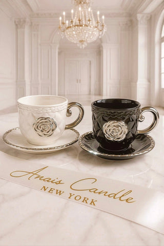 Camellia Haute Quilted Ceramic Tea/Coffee Cup Set of 2, handcrafted for Anaïs Decor.