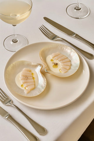 Moonlit Tides — Mother of Pearl Caviar Seashell Plate & Spoon Set of 5