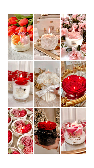 Nine-photo collage of Anaïs Candle's love and romance collection featuring roses and colorful florals.