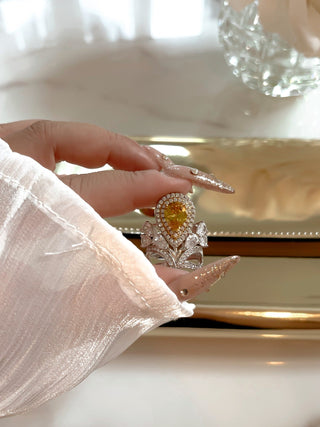 Royal Halo Pear Cut Yellow Sapphire Rhinestone Adjustable Ring.