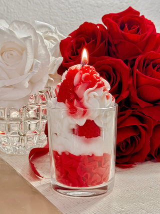 Strawberries & Cream Candle styled with a stunning red rose bouquet.