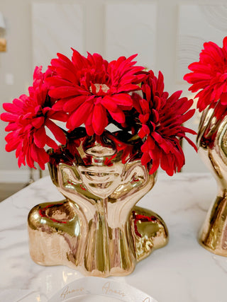 Angelica Ceramic Vase - Gold, decorated with red flowers.