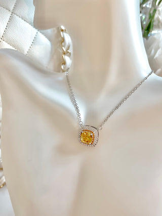 Yellow Sapphire Halo Emerald Cut Rhinestone Necklace.