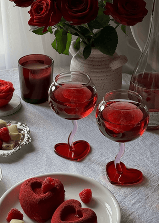 “My Valentine” Wine Glass Cup Set of 2 surrounded by red themed roses and flowers.