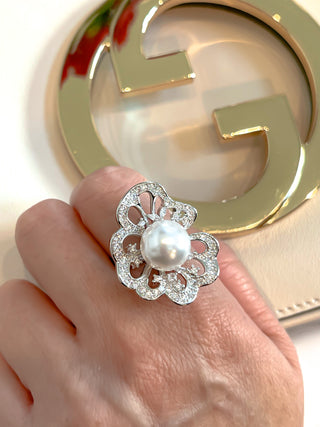 Flower Pearl Statement Rhinestones Adjustable Ring.