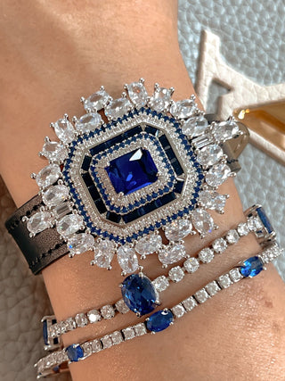 Sapphire Emerald Cut Rhinestones Buckle Bracelet.