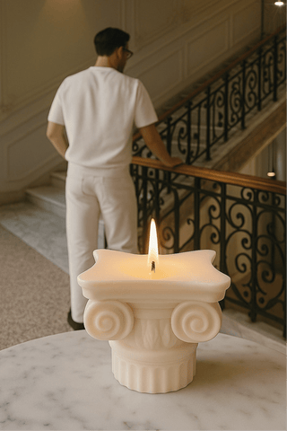 The Ionic Roman Column Candle is handcrafted with a 100% cotton wick and all-natural wax.