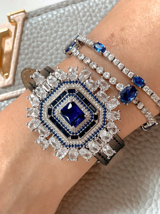 Sapphire Emerald Cut Rhinestones Buckle Bracelet.
