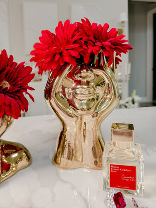 ”Her” Ceramic Vase - Gold decorated with red flowers.
