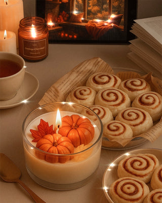 Vela con hojas y calabazas cayendo