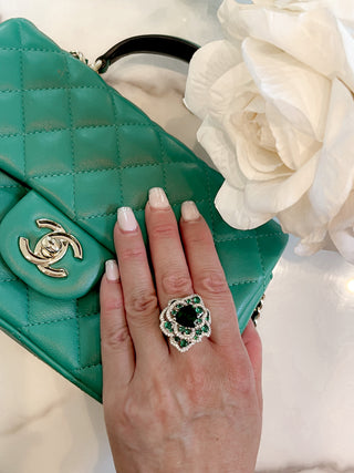 Emerald Flower Rhinestones Adjustable Ring