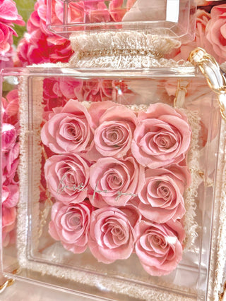 Everlasting Roses in Parfum Box in French Rose Pink close up details.