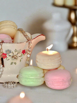 A lit French Macaron Candle Set of Four - Citrus in a Miami penthouse.