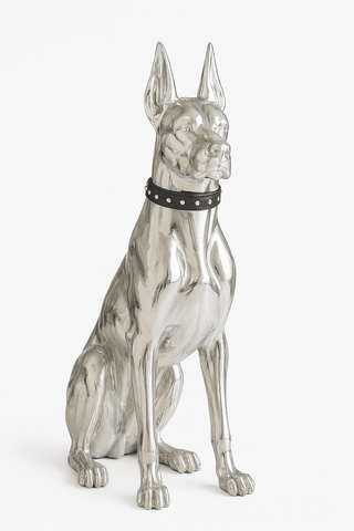 EDICIÓN LIMITADA Y EXCLUSIVA Estatua de perro dóberman de lujo con baño de oro y cinturón de cuero - XXL