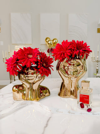 ”Her” & Angelica Ceramic Vase Set of 2 - Gold, decorated with red flowers.