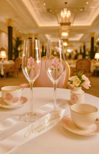 The La Vie En Rose Champagne Glass Set of 2™️ in a high-end luxurious restaurant.