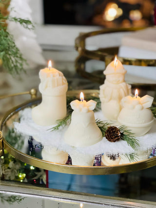 Christmas Wonderland Candle Set of 4 in White - Snowman, Santa Stocking, Jingle Bell, Ornament.
