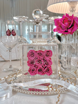 Everlasting Roses in Parfum Box - Plum placed atop a silver platter.