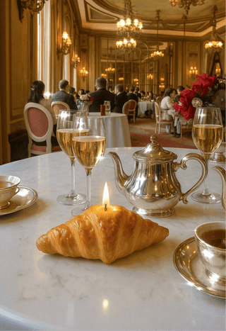 The French Croissant Candle in a Parisian Cafe with champagne and coffee.