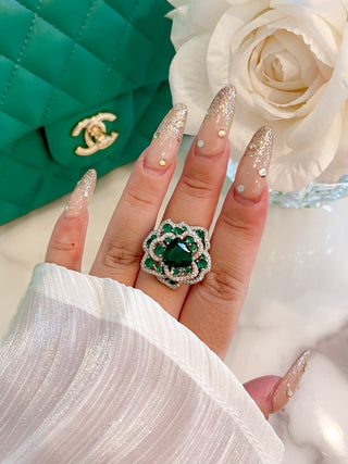 Emerald Flower Rhinestones Adjustable Ring