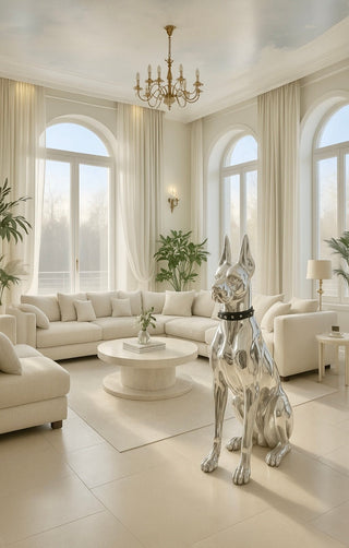 The Luxurious Electroplated Doberman Dog Statue basking in the afternoon sun's rays.