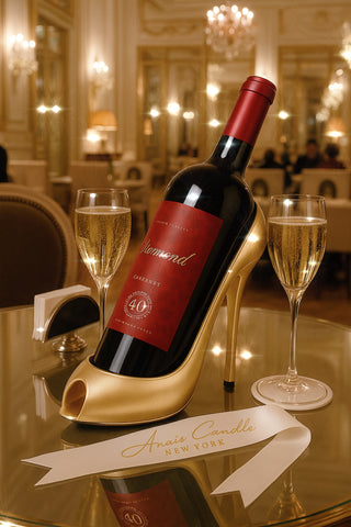Porta vino con sandalia de tacón dorado