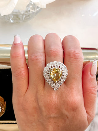 Isabella Yellow Sapphire Halo Pear Cut Rhinestone Adjustable Ring