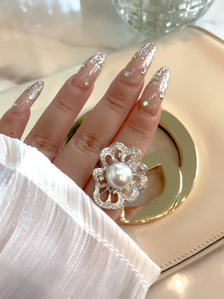 Flower Pearl Statement Rhinestones Adjustable Ring.
