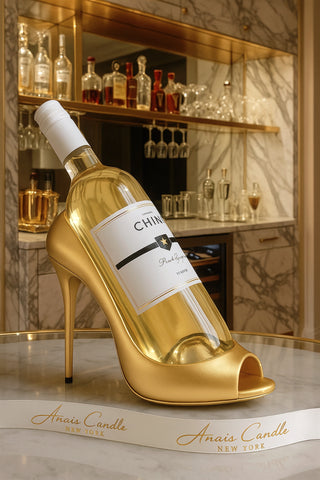Porta vino con sandalia de tacón dorado