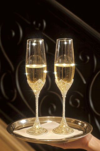 A Crowné Embossed Diamonds Champagne Flute Set of 2 in Silver served by a butler.