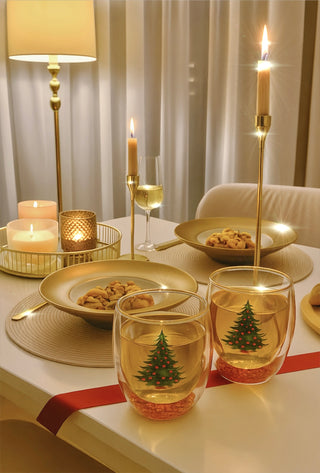 Christmas Confetti Glass Cup Set of 2 in a Christmas mansion amongst presents.