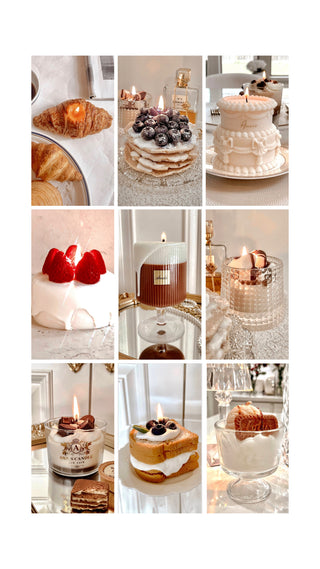 Collage of Anais Candle's dessert candles including Blueberry Pancake, Strawberry Shortcake candles.