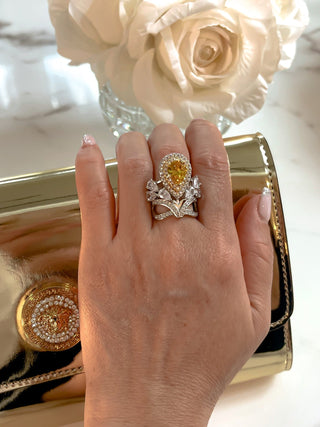 Royal Halo Pear Cut Yellow Sapphire Rhinestone Adjustable Ring.