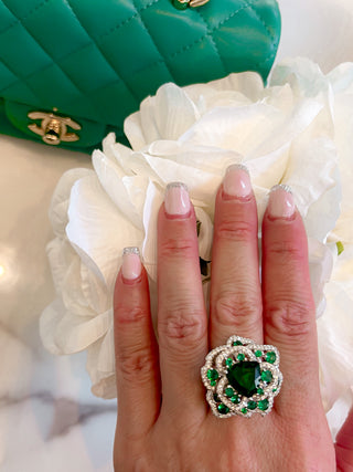 Emerald Flower Rhinestones Adjustable Ring