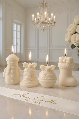 Christmas Wonderland Candle Set of 4 in White- Snowman, Santa Stocking, Jingle Bell, Ornament