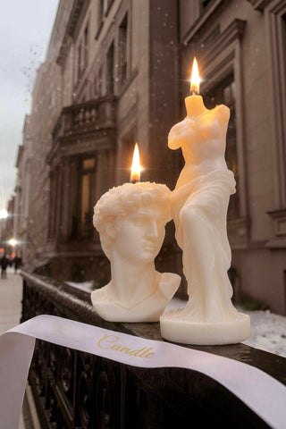 The Anais Man & Venus Candle Set in Sculpture White, pictured in New York City's Upper East Side.