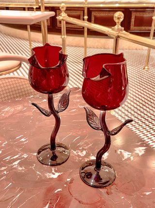 Rose for Rose Glass Cup Set of 2 atop a marble table in an upscale restaurant.