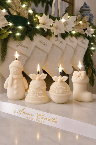 Christmas Wonderland Candle Set of 4 in White- Snowman, Santa Stocking, Jingle Bell, Ornament