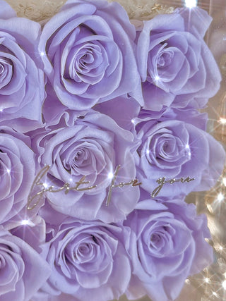 Everlasting Roses in Parfum Box in Plum close up details of the babe blue colors.