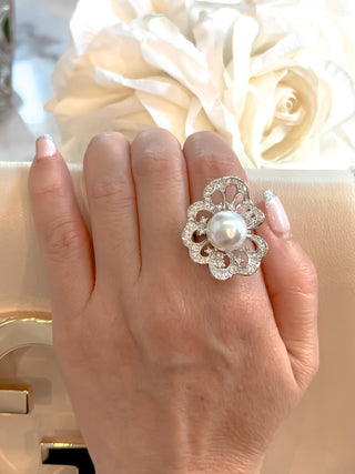 Flower Pearl Statement Rhinestones Adjustable Ring.