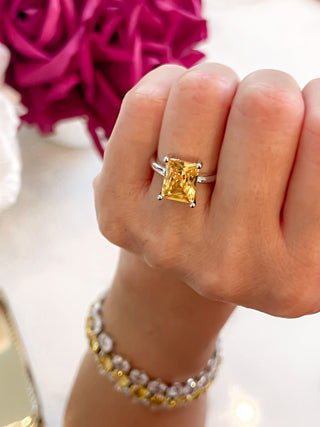 Yellow Sapphire Emerald Cut Rhinestones Adjustable Ring.