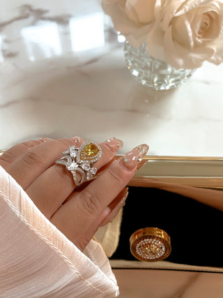 Royal Halo Pear Cut Yellow Sapphire Rhinestone Adjustable Ring.