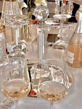 Luxurious Crystal Wine Glass Cups With Carousel Holder featuring small crystals within each glass's stem.