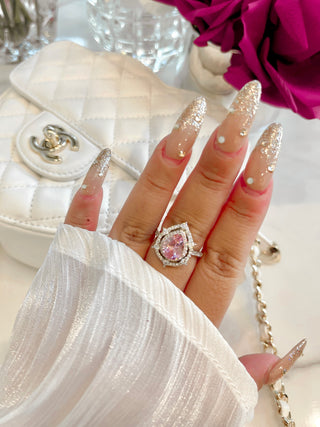 Elegant Halo Pear Cut Pink Sapphire Rhinestone Adjustable Ring.