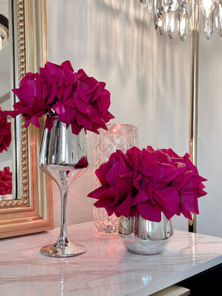 Luxurious Artificial Rose Blossom With Sliver Flute Vase Set of 2 available on Anaïs Candle.