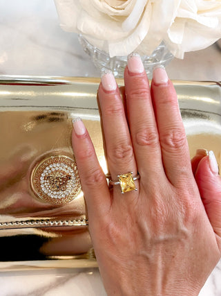 Yellow Sapphire Emerald Cut Rhinestones Adjustable Ring.