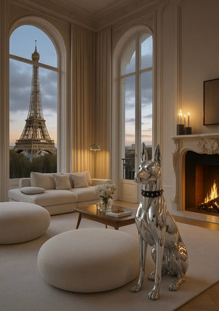 The Luxurious Electroplated Doberman Dog Statue in a $30 million dollar mansion with Eiffel Tower views.